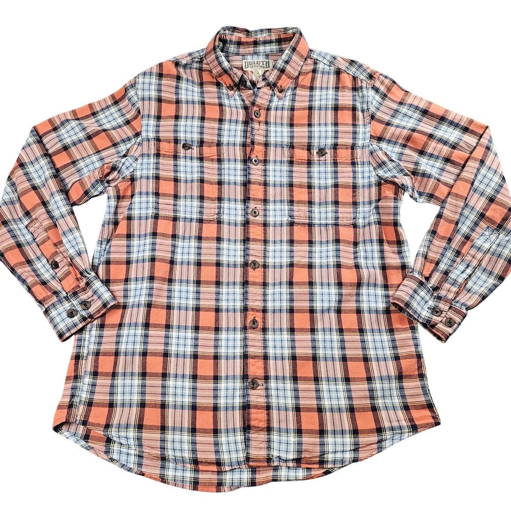 Duluth Trading Plaid Button Down Shirt L Orange Blue Check Trim Fit Workwear